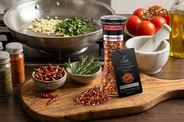 FASL Organic Crushed Red Chili Pepper surrounded by other spices in the kitchen