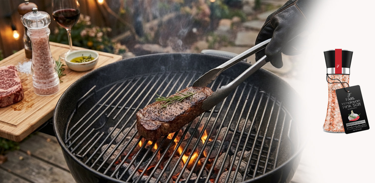A steak being grilled using himalayan pink salt
