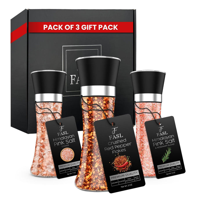 FASL Grinder Seasoning Gift Pack of 3 - Himalayan Pink Salt, Crushed Red Pepper flakes & Himalayan Pink Salt(Rosemary Blend) - Premium Natural Flavorful Spice Mix for Grilling, Meat, Chicken, Vegan - Fasl