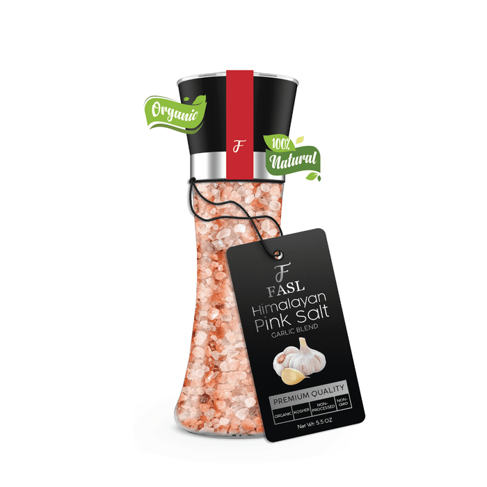 Fasl Himalayan Pink Salt & Garlic. Premium Blend With Refillable Glass Grinder - Fasl