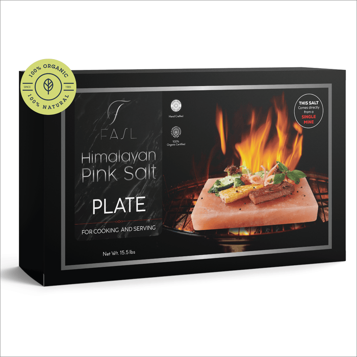 Fasl Natural Himalayan Salt Block Cooking Plate 12 X 8 X 1.5 for Cooking, Grilling, Cutting and Serving, Food Grade Salt with a Steel Tray Set - Fasl