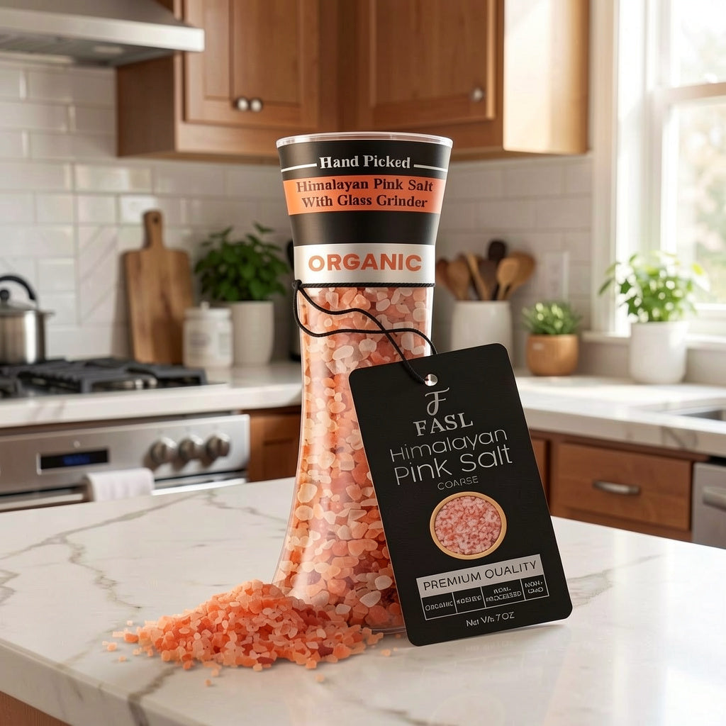 FASL Himalayan Pink Salt grinder in a marble table top