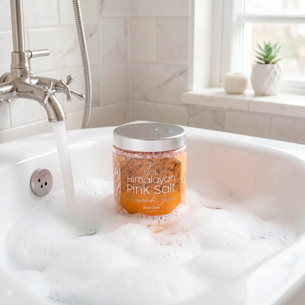 Pink Himalayan bath salt jar in the bath tub
