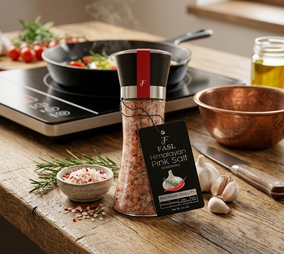 Himalayan pink salt in the kitchen with spices around it.