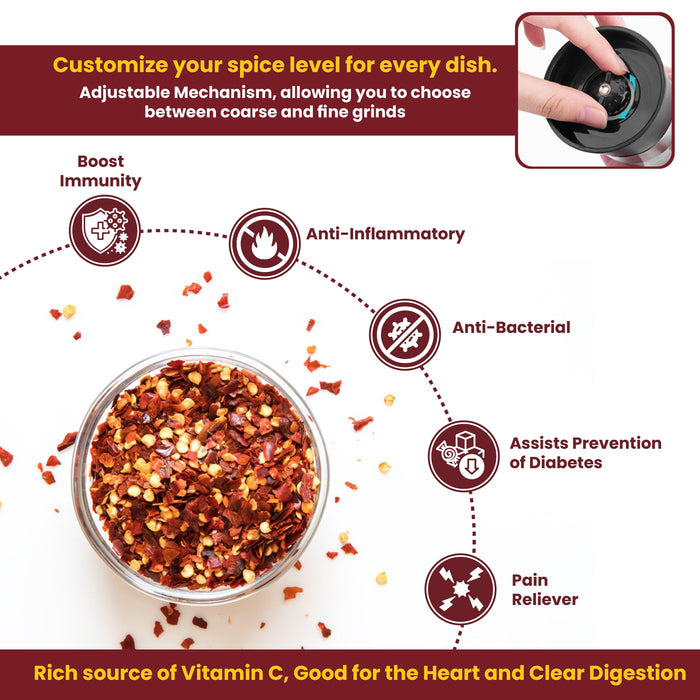 Organic Crushed Chili Pepper Flakes. Elegant Glass Grinder, 2 Oz - Fasl