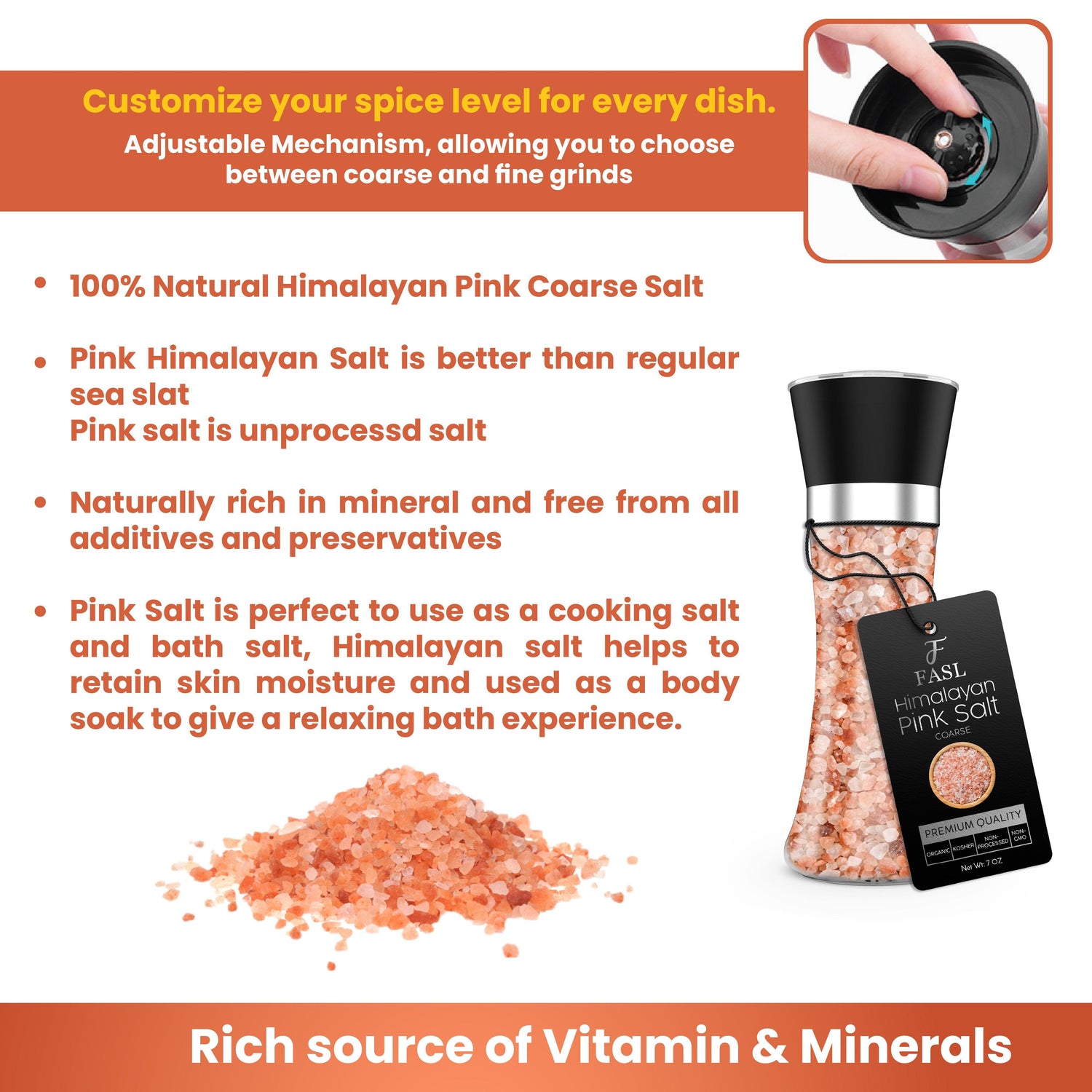 Organic Pink Himalayan Salt With Reusable Glass Grinder, 7 Ounces - Fasl