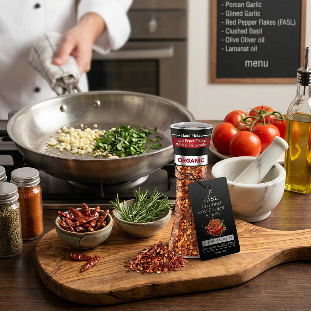 FASL Crushed Red Pepper Grinder Bottle in the kitchen along with other spices while a chef is cooking in the background