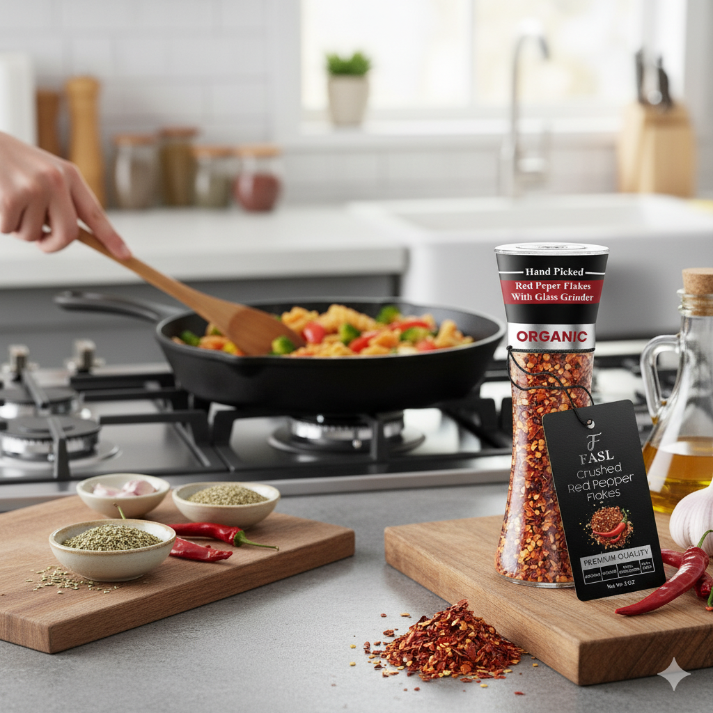 FASL Crushed Red Pepper Grinder Bottle in the kitchen while a person is cooking in the background