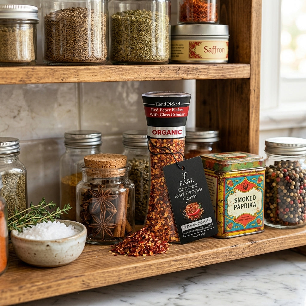 FASL crushed red pepper flakes grinder in a spice shelf along with other spices
