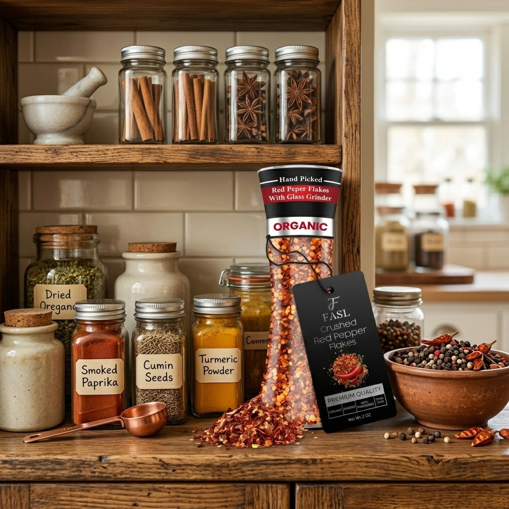 FASL Crushed Red Pepper Grinder Bottle along with other spices in a spice shelf