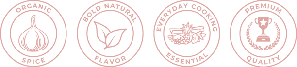 Badges that features organic spice, bold natural flavor, everyday cooking essential, and premium quality.