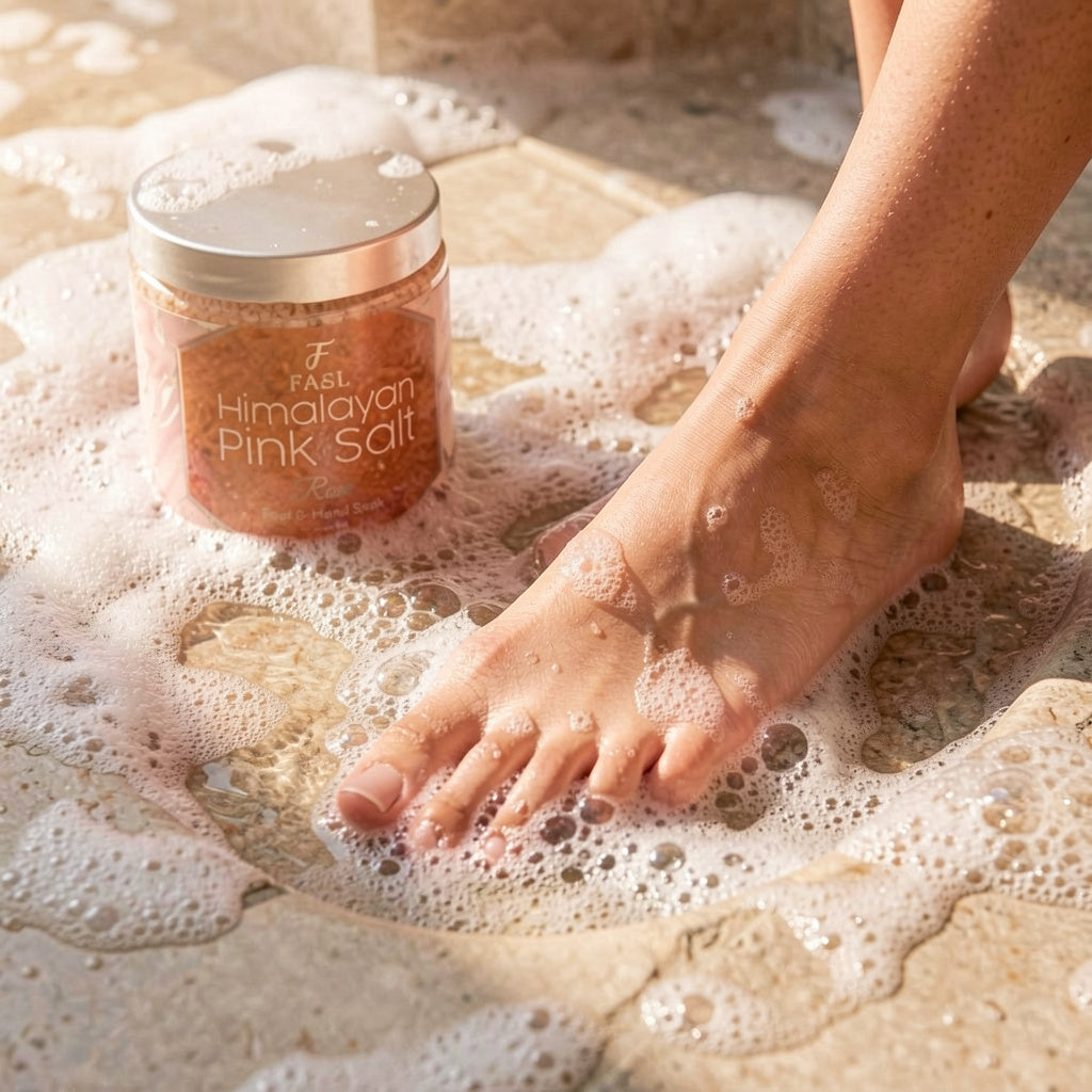 A woman's foot having a foot bath using FASL Himalayan pink salt