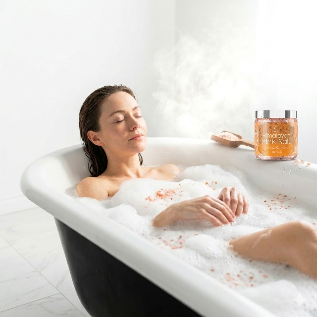 A woman taking a bath using Fasl Himalayan Pink Bath Salt