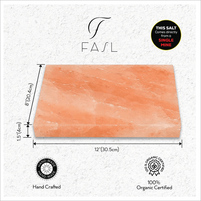 Fasl Natural Himalayan Salt Block Cooking Plate 12 X 8 X 1.5 for Cooking, Grilling, Cutting and Serving, Food Grade Salt with a Steel Tray Set - Fasl